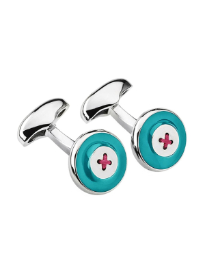 Babette Wasserman Enamel Button Cufflinks, Turquoise - Base Metal, Enamel, Cord