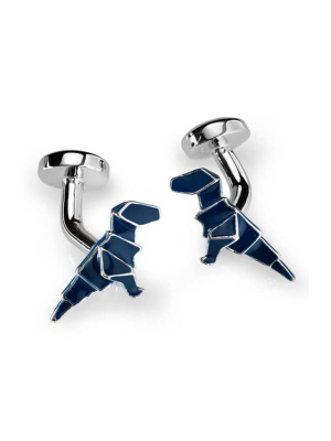 Babette Wasserman Origami Dinosaur Cufflinks, Blue - Base Metal Rhodium Plated, Enamel