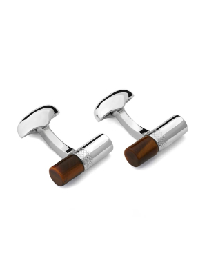 Babette Wasserman Stone Bar Cufflinks, Tigers Eye - Base Metal, Rhodium Plated, Tigers Eye