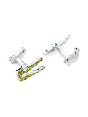 Babette Wasserman Crocodile Cufflinks, Rhodium - Base Metal, Rhodium Plated, Green Enamel