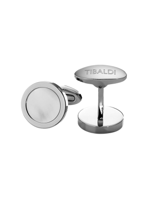 Tibaldi Round Stainless Steel Cufflinks With  Mother-Of-Pearl Inlay