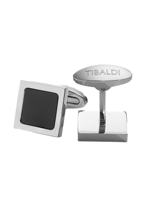 Tibaldi Square -Button Stainless Steel Cufflinks With Black Onyx  Inlay
