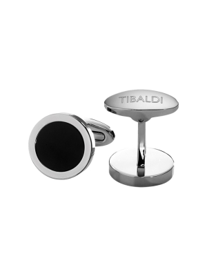 Tibaldi Round -Button Stainless Steel Cufflinks With Black Onyx  Inlay